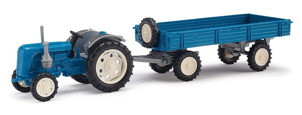Busch 210007100,  Traktor Famulus,mit Anhänger, Blau / H0