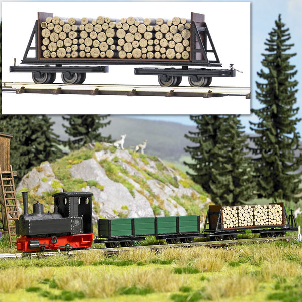 Busch 12247, Drehgestell-Stirnwandwagen mit Holzladung, / H0f