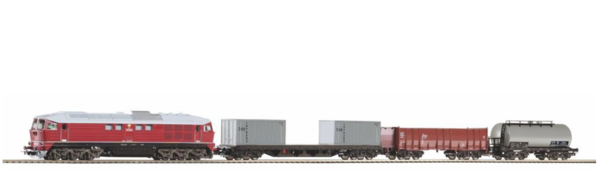 Piko 97935, Start-Set mit Bettung BR 130 CSD + 3 Güterwagen, H0